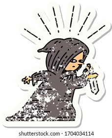 worn old sticker of a tattoo style assassin with knife