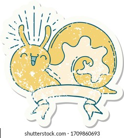 worn old sticker of a tattoo style happy snail