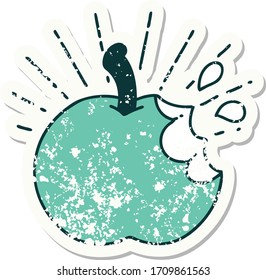 worn old sticker of a tattoo style bitten apple