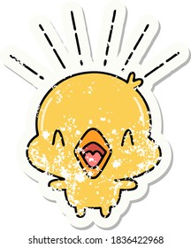 worn old sticker of a tattoo style singing chick