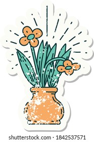 worn old sticker of a tattoo style flowers in vase
