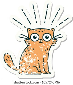 worn old sticker of a tattoo style surprised cat