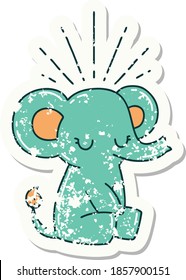 worn old sticker of a tattoo style cute elephant