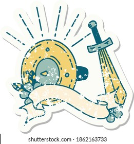 worn old sticker of a tattoo style shield and sword