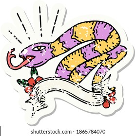 worn old sticker of a tattoo style hissing snake