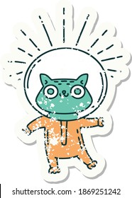 worn old sticker of a tattoo style cat in astronaut suit