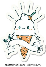 worn old sticker of a tattoo style ice cream character