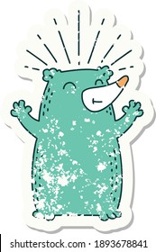 pegatina vieja usada de un oso feliz estilo tatuaje