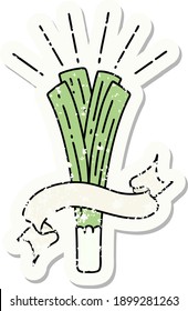 worn old sticker of a tattoo style leek