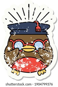 worn old sticker of a tattoo style educated robin