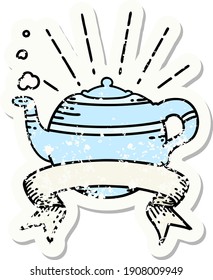 worn old sticker of a tattoo style steaming teapot