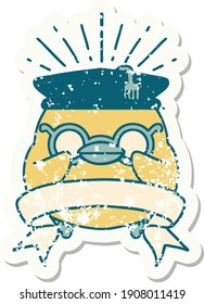 worn old sticker of a tattoo style educated robin