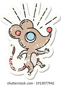 worn old sticker of a tattoo style mouse character