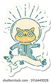 worn old sticker of a tattoo style cat in astronaut suit