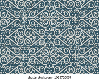 Worn out antique seamless background Check Spiral Curve Cross Frame Vine Flower, Ideal for wallpaper decoration or greeting card design template.
