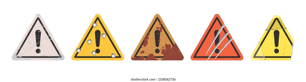 Worn out attention signs set. Isolated symbols on white background. Flat vector illustration