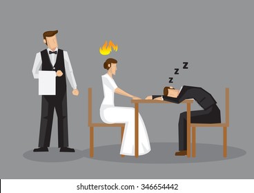 Worn out cartoon man fell asleep over formal dinner, leaving his female partner pissed. Vector illustration of an unromantic dinner date isolated on grey background.