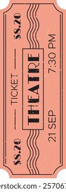 Worn out pink theater ticket for a play or musical performance scheduled on September 21st at 7,30 PM, priced at 2.20, evoking a nostalgic atmosphere