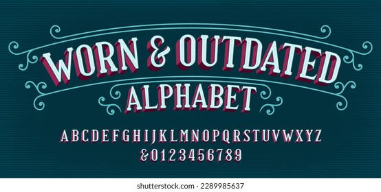 Worn and Outdated alphabet font. Vintage letters and numbers. Vector typeface for your typography design.