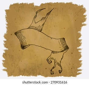 A worn parchment with a design of a scroll on it
