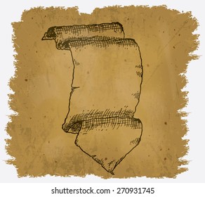 A worn parchment with a design of a scroll on it