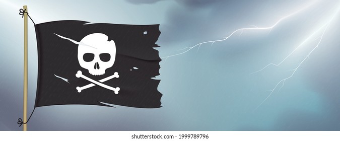 Worn pirate flag waving on dark sky background with lightning. Crossbones black flag vector banner design with copy space.