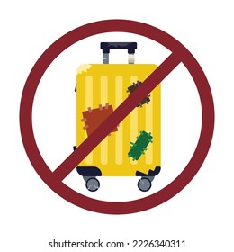 Worn suitcase with wheels a handle is crossed out with a red line. Damaged hand luggage for refugee
