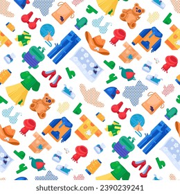 Worn unwanted textile objects separation seamless pattern with shoe, trousers, fiber, jeans, sweater, clothing, toys. Ornate for printing on fabric, wrapping and packaging. Vector isolated on white