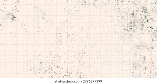 Worn vintage graph paper texture featuring a faint square grid and scattered ink speckles for a distressed, retro look. Neutral beige tones create a subtle, aged backdrop ideal for design overlays and stationery.