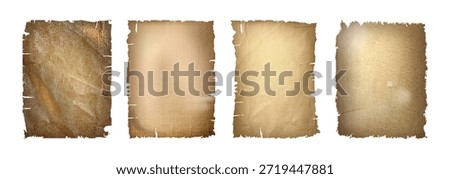 Worn vintage paper textures with torn edges and antique grunge surface. Old parchment sheets with rough borders for retro design. Aged paper backgrounds with shabby beige and brown tones for scrapbook
