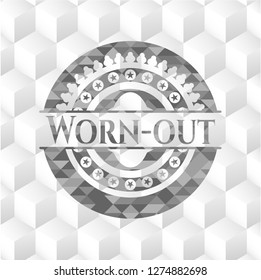 Worn-out grey badge with geometric cube white background