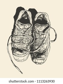 Worn-out Old Sneakers. engraving style. vector illustration.