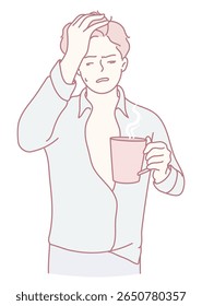 Um jovem desgastado com cabelo bagunçado, segurando uma xícara de café fumegante, parece visivelmente sobrecarregado e cansado