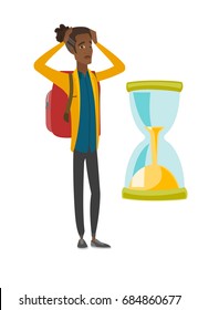 Worried african traveler clutching his head while looking at hourglass. Ttraveler concerned by the end of countdown of hourglass. Vector flat design cartoon illustration isolated on white background.