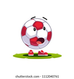 Worried animated soccer football supporter character watching football match. Cartoon soccer ball emoticon. Colorful clipart. Flat style vector illustration isolated on white background