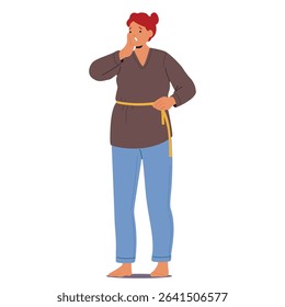 Worried anxiety woman cartoon character showcasing shock on face suffering from weight gain measuring waist with tape standing isolated on white background. Menopause symptoms vector illustration
