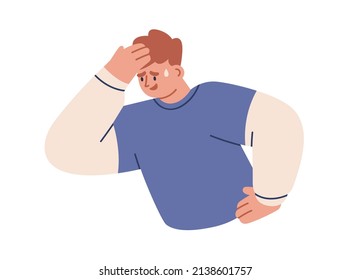 Sudores ansiosos preocupados en estrés, confusión. Nervioso tísimo hombre preocupado con pánico temeroso, emociones fugaces, expresión facial. Ilustración vectorial gráfica plana aislada en fondo blanco