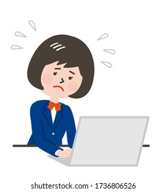 Worried asian schoolgirl operating a laptop