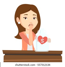 Worried bankrupt business woman looking at empty money box. Upset bankrupt sitting at the table with empty money box. Bankruptcy concept. Vector flat design illustration isolated on white background.