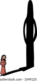 Worried biracial girl looking at tall shadow