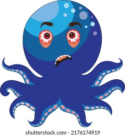 Worried Blue Octopus.Cartoon Style Hand Drawn Vector Illustration.