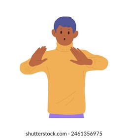 Worried boy child isolated cartoon character gesturing stop showing rejection negative emotion