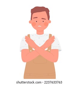 Worried boy with crossed arms. Stop hands gesture, warning sign vector illustration