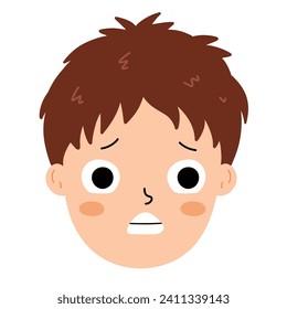 Worried boy face. Afraid little kid isolated on white background. Child emotional expression. Vector illustration