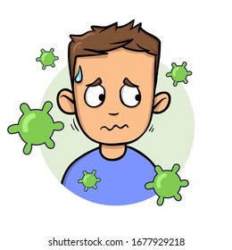 Worried boy looking at viruses flying around. Coronavirus prevention, world quarantine. Cartoon design icon. Colorful flat vector illustration, isolated on white background.