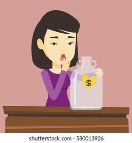 Worried business bankrupt looking at empty money box with dollar sign. Desperate bankrupt sitting at the table with empty money box. Bankruptcy concept. Vector flat design illustration. Square layout.