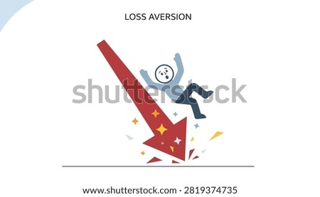 Worried business person falling down alongside a crashing red downward arrow representing loss aversion concept.