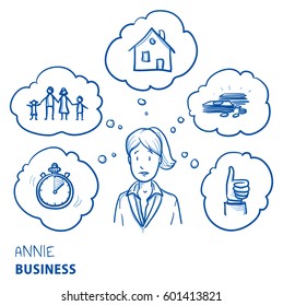 Worried Business Woman, With Icons Of Job, Family, Home And Finance Around Her. Concept For Stress Or Allround Talent. Hand Drawn Line Art Cartoon Vector Illustration.