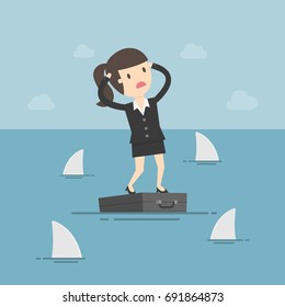 Worried Business Woman Standing On Briefcase In The Sea And Surrounded By Sharks. Business Concept Cartoon Illustration. Risk, Crisis.