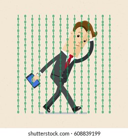 Worried businessman  and binary code is on foreground. Vector, illustration, flat 